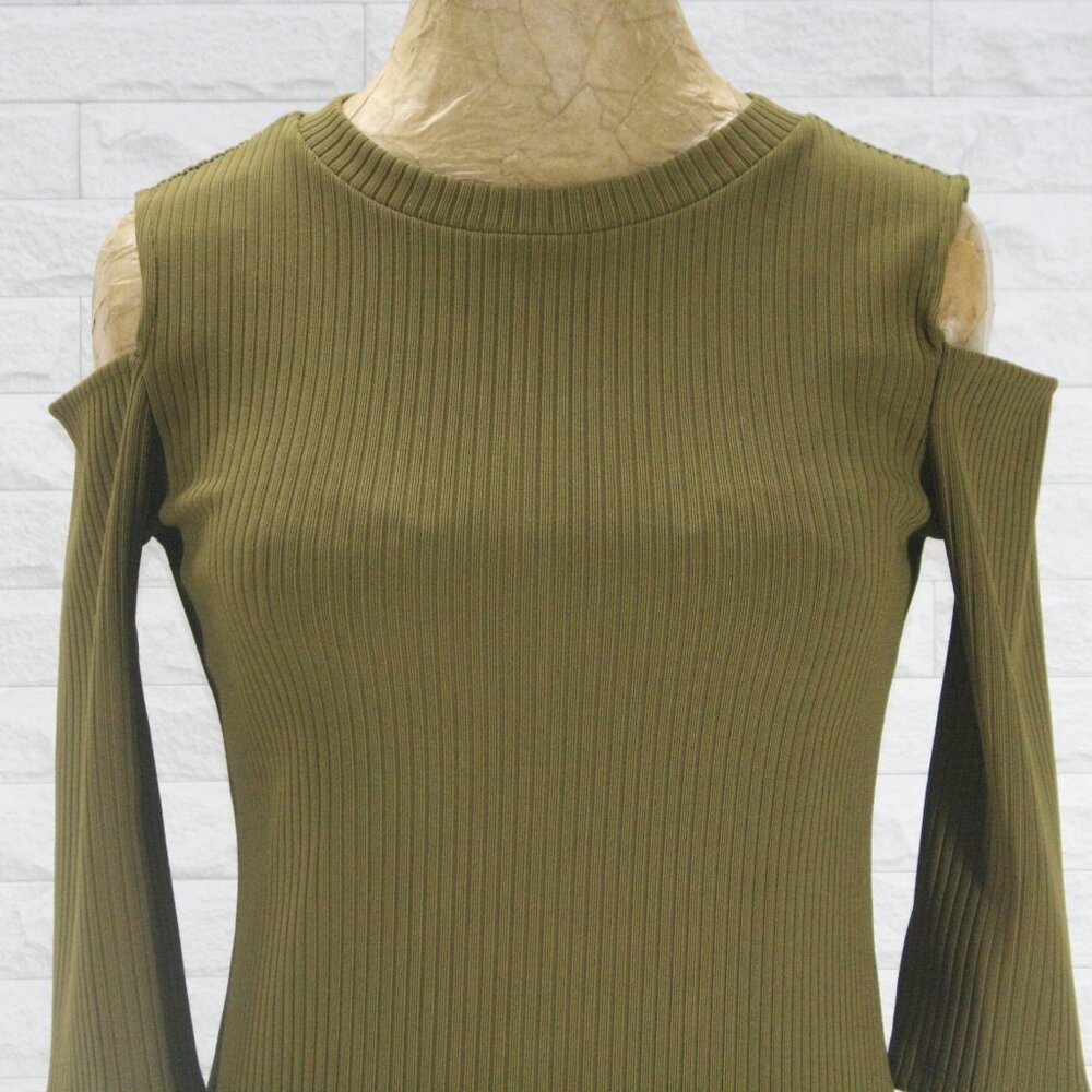 FOREVER 21 Dress Ribbed Knit Bodycon Form Fitted Cold Shoulder Column Olive S - Picture 4 of 15